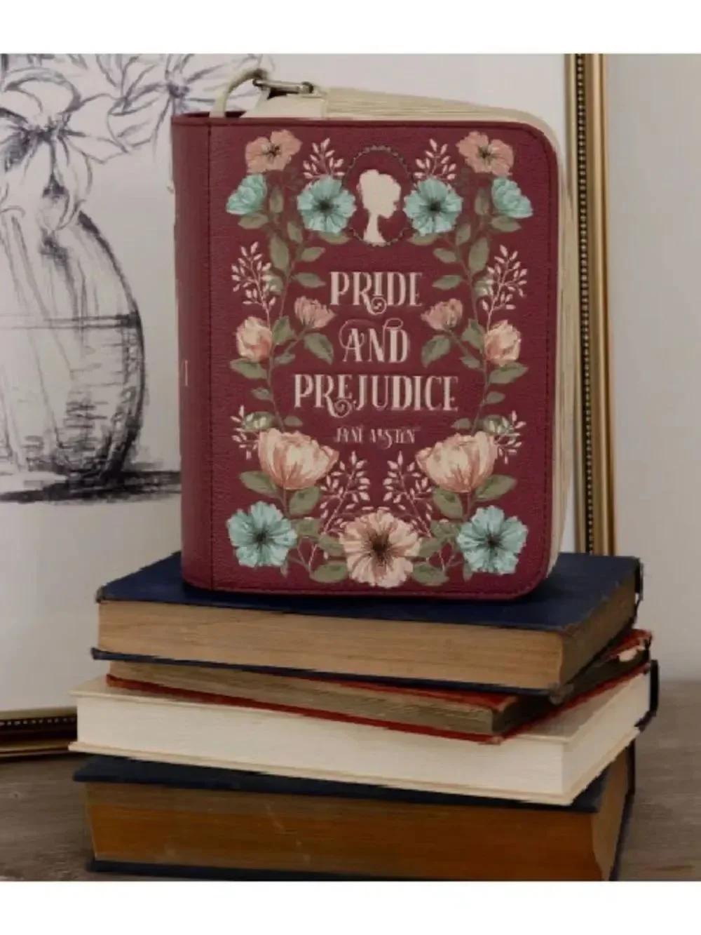 Steel Mill & Co. Ivory Burgundy Pride & Prejudice Book Club Crossbody Bag Purse